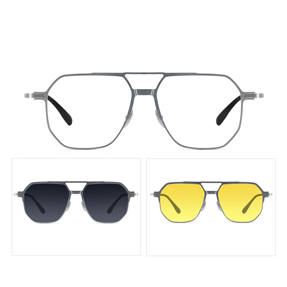 3 in 1 Aluminum Aviator Optical Frames with Magnetic Clip on Polarized Sunglasses & Night Vision Glasses Oversized Navigator Snap on Eyewear Set
