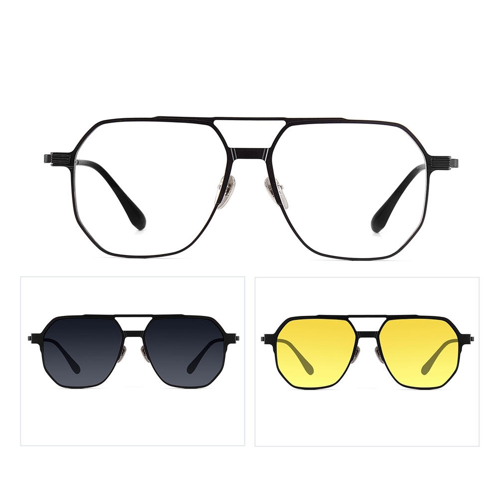 3 in 1 Aluminum Aviator Optical Frames with Magnetic Clip on Polarized Sunglasses & Night Vision Glasses Oversized Navigator Snap on Eyewear Set