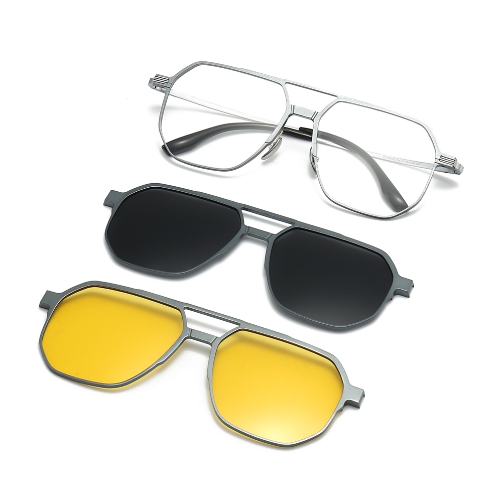3 in 1 Aluminum Aviator Optical Frames with Magnetic Clip on Polarized Sunglasses & Night Vision Glasses Oversized Navigator Snap on Eyewear Set
