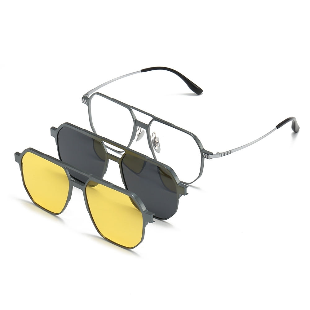 3 in 1 Aluminum Aviator Optical Frames with Magnetic Clip on Polarized Sunglasses & Night Vision Glasses Oversized Navigator Snap on Eyewear Set