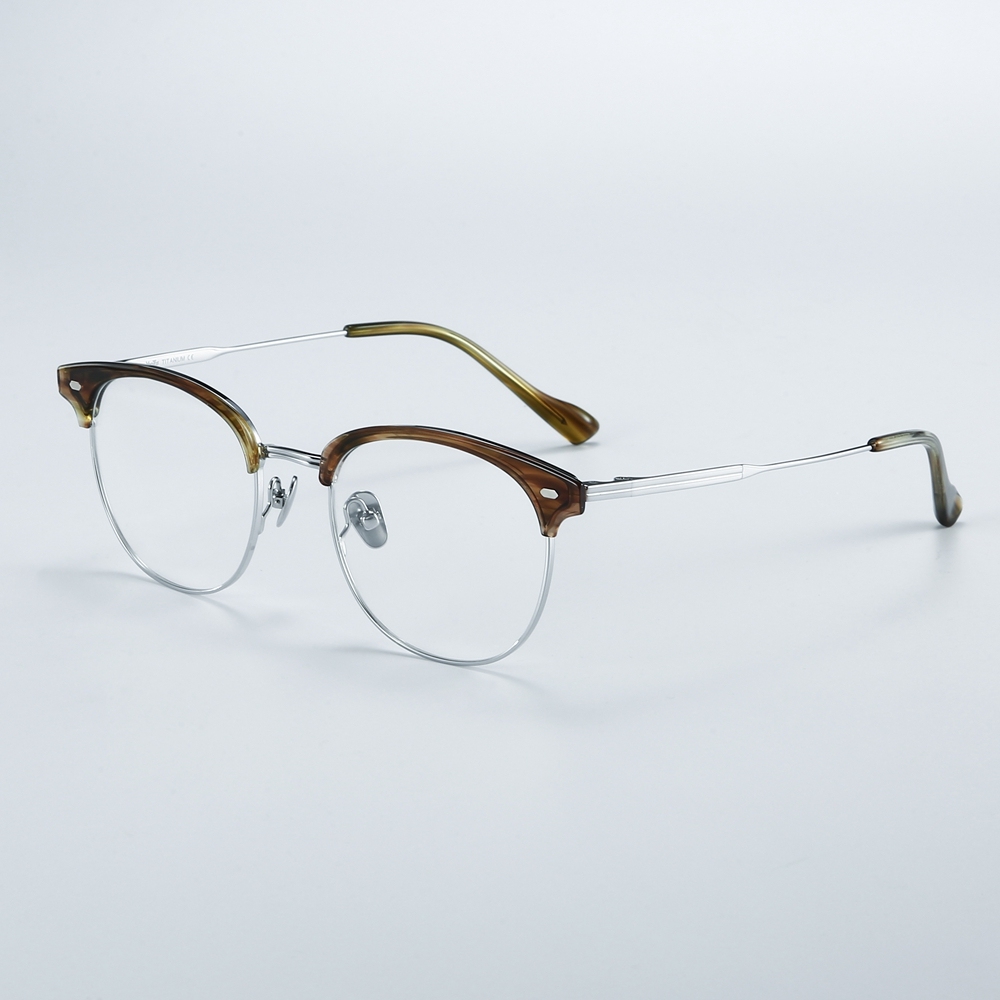 Wholesale Vintage Round Browline Eyeglasses with Rivets Pure Titanium Spectacle Frames for Office Men Intellectual Prescription Glasses Supplier