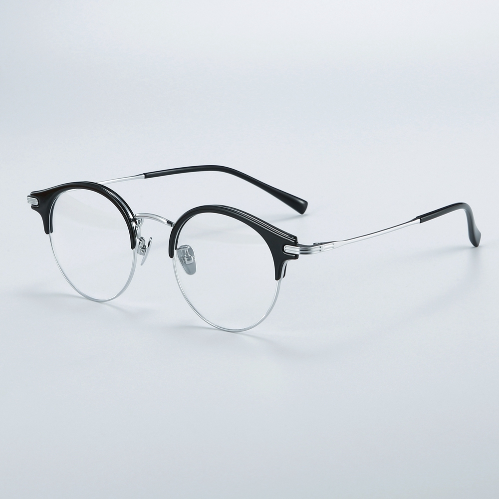 Wholesale Men's Round Browline Eyeglasses Combination of Titanium and Acetate Optical Frames for Women Intellectual Prescription Glasses Supplier