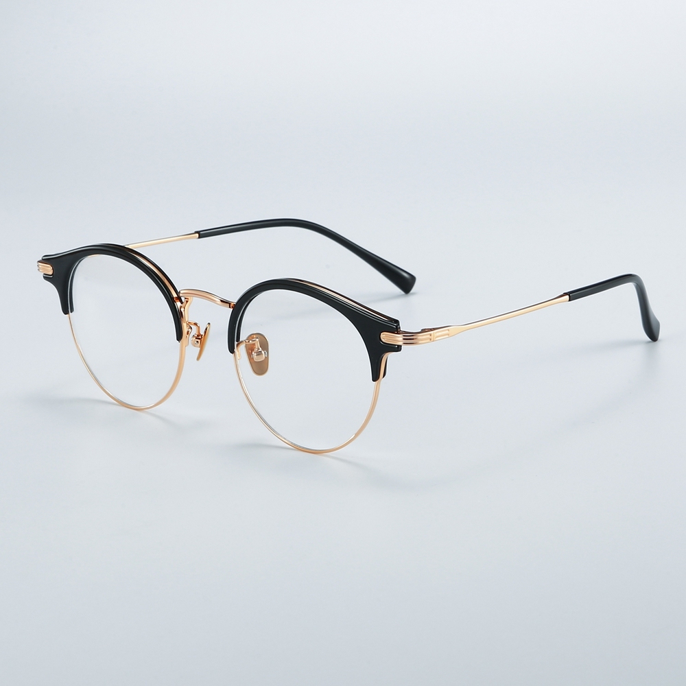 Wholesale Men's Round Browline Eyeglasses Combination of Titanium and Acetate Optical Frames for Women Intellectual Prescription Glasses Supplier