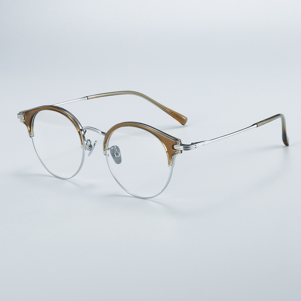 Wholesale Men's Round Browline Eyeglasses Combination of Titanium and Acetate Optical Frames for Women Intellectual Prescription Glasses Supplier