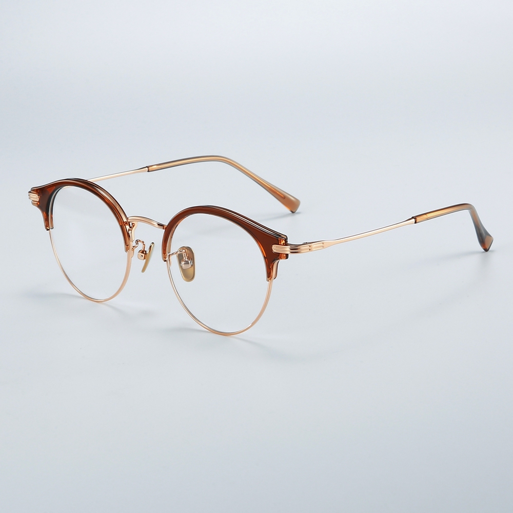 Wholesale Men's Round Browline Eyeglasses Combination of Titanium and Acetate Optical Frames for Women Intellectual Prescription Glasses Supplier