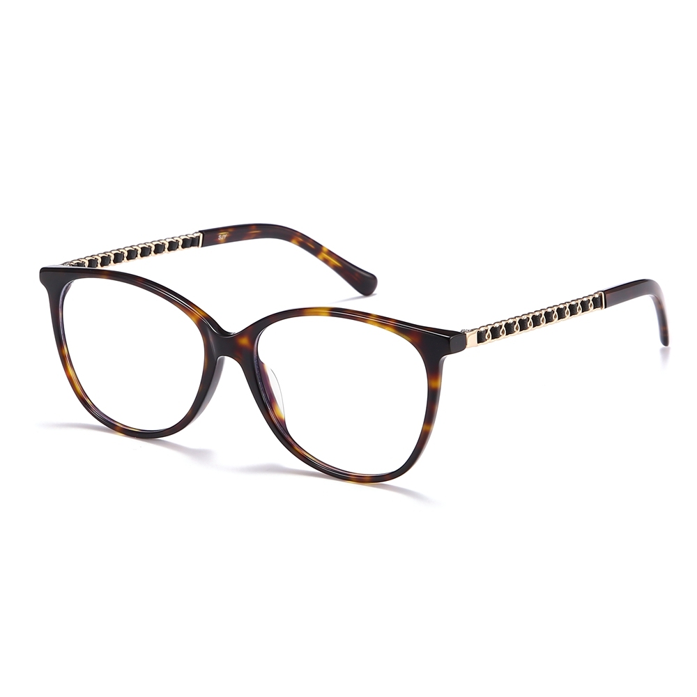 Wholesale Soft Cat-Eye Optical Frame with Interwoven Chain Temples for Women's Elegant Prescription Eyeglasses Premium Acetate Glasses Factory