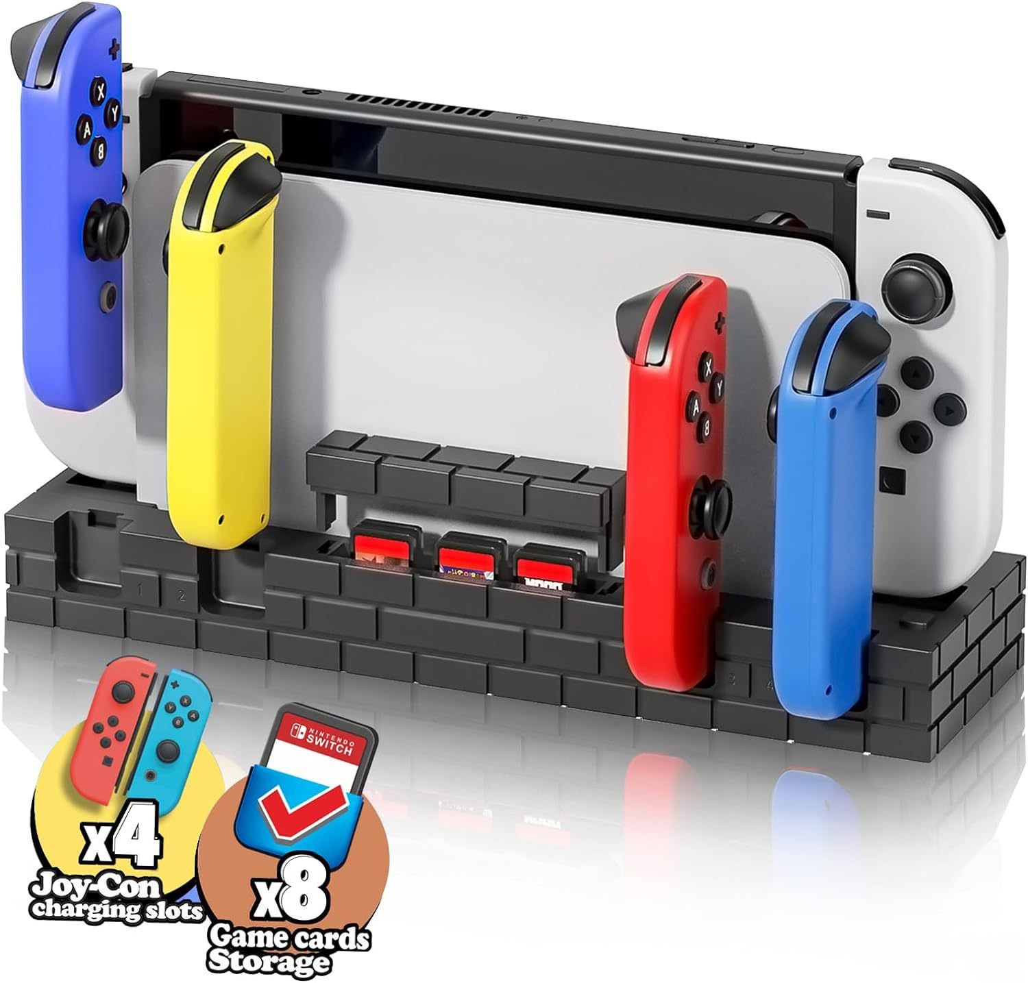 4 Slot Game Controller Charging Station with 8 Game Cards Storage for Nintendo Switch/Switch Oled /Swith Original Dock /Joy Con Charger Holder Stand