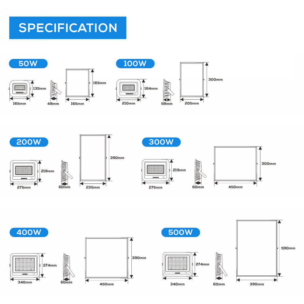HB Model 50W 100W 200W 300W 400W 500W High Lumens IP65 Outdoor Solar Flood light