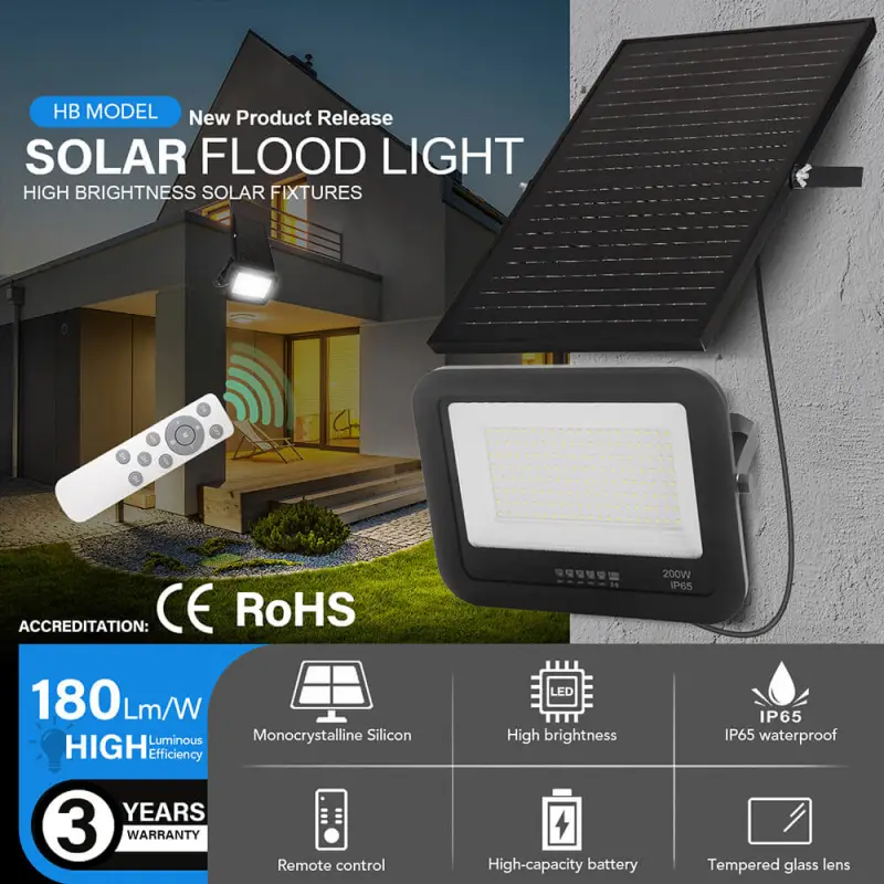 HB Model 50W 100W 200W 300W 400W 500W High Lumens IP65 Outdoor Solar Flood light