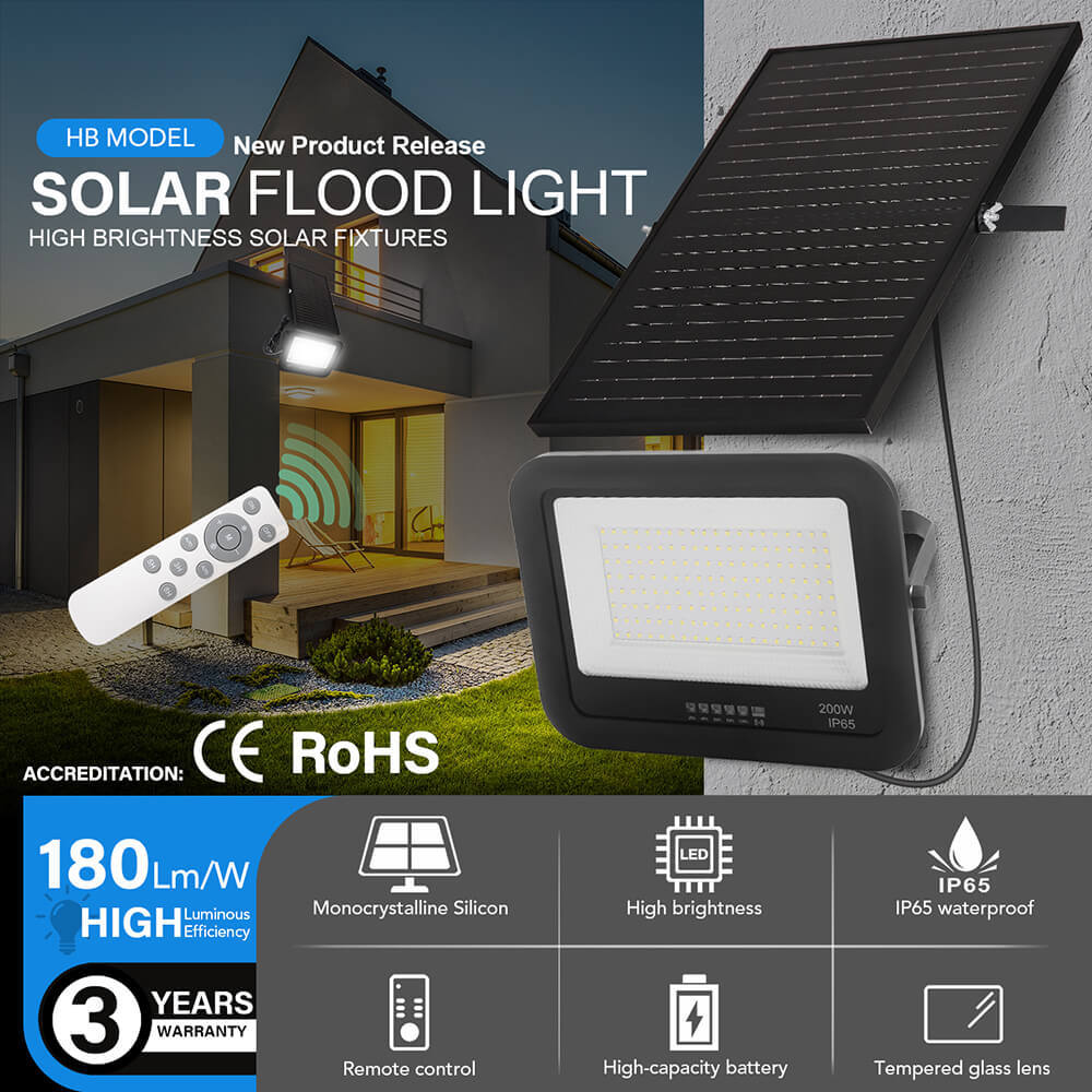 HB Model 50W 100W 200W 300W 400W 500W High Lumens IP65 Outdoor Solar Flood light