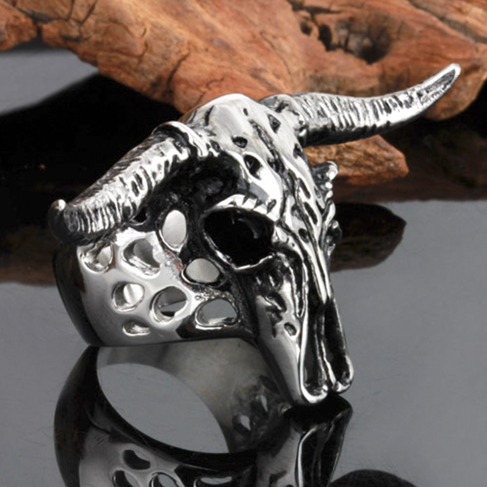 Gothic Punk Skull Adjustable Big Silver Biker Rotating Unicorn Chamois Party Rings Men's Jewelry