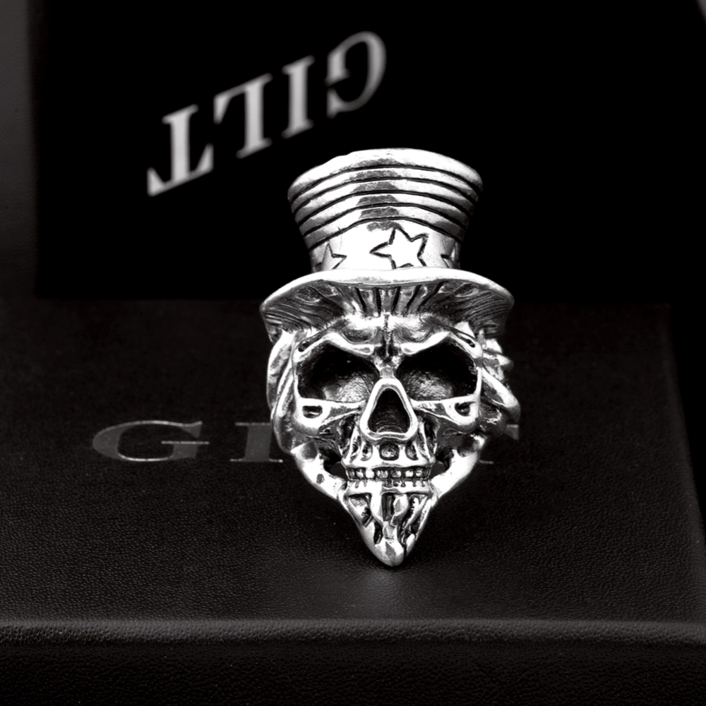 Graduation Hip Hop Rock Silver Punk Top Hat  Skull Adjustable Bikers Men Jewelry