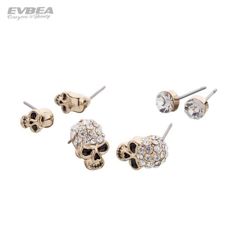 Fancy Products Hip Hop Boho Punk 3 Pairs / 1Set  Silver Plated Skull Earrings Stud Women Fashion Jewelry Accessories BPAN