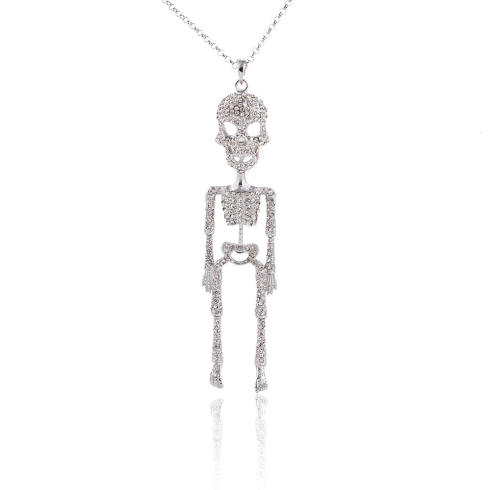 Outstanding Hip Hop Jewelry for Men Women Skull Pendant Long Necklaces with Big Crystals Skeleton Pendants Choker