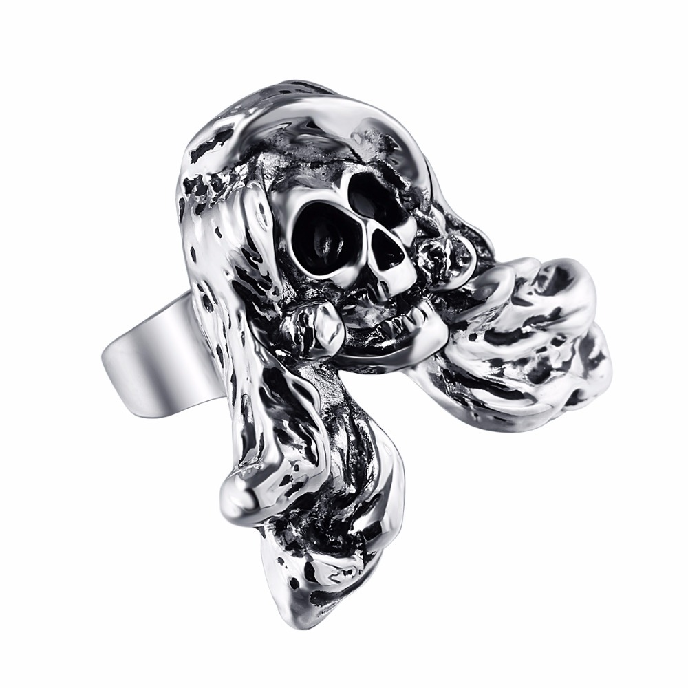 Exaggerate Rock Roll Punk Long Hair Skull Silver Biker Couple Rings Men's Party Jewelry Accessories