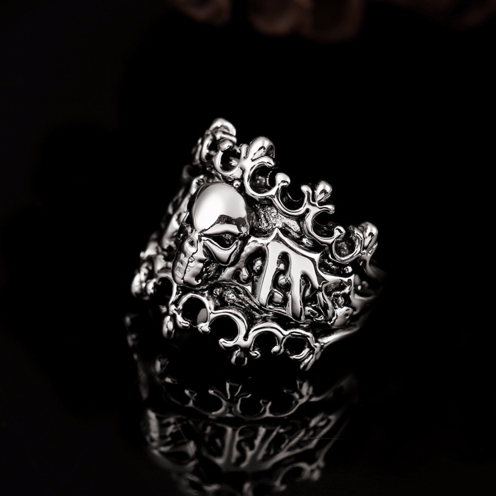 Graduation Stretch Gothic Punk Skull Adjustable Big Silver Biker Frosted Rotating Crown Rings Men's Party Jewelry