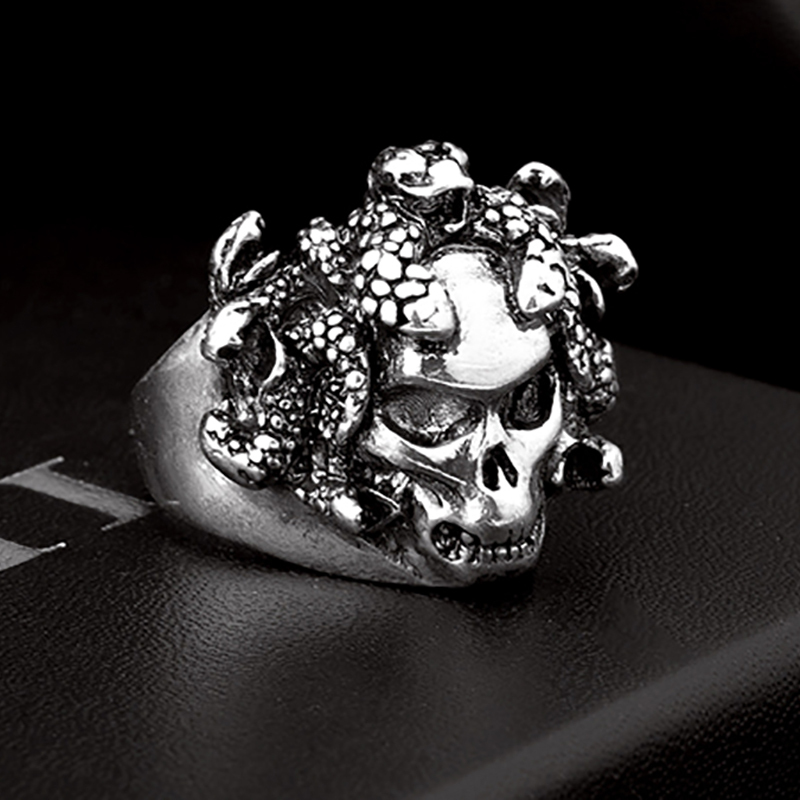 EVBEA Halloween Men Biker Ring 316L Stainless Steel Rings Viking Punk Double Skull Skeleton Ring Gothic Punk Rock Jewelry