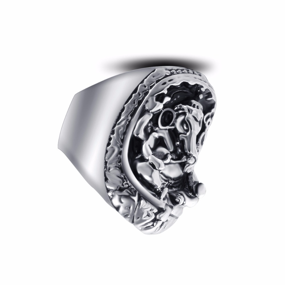Graduation Titanium  Alloy Boho Silver Gothic Punk Solider Skull Big Adjustable Rotating Bikers Bible Rings Men's Jewelry