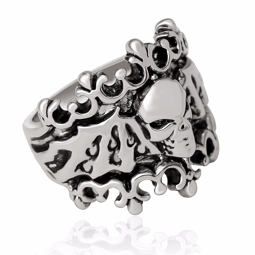 Graduation Stretch Gothic Punk Skull Adjustable Big Silver Biker Frosted Rotating Crown Rings Men's Party Jewelry