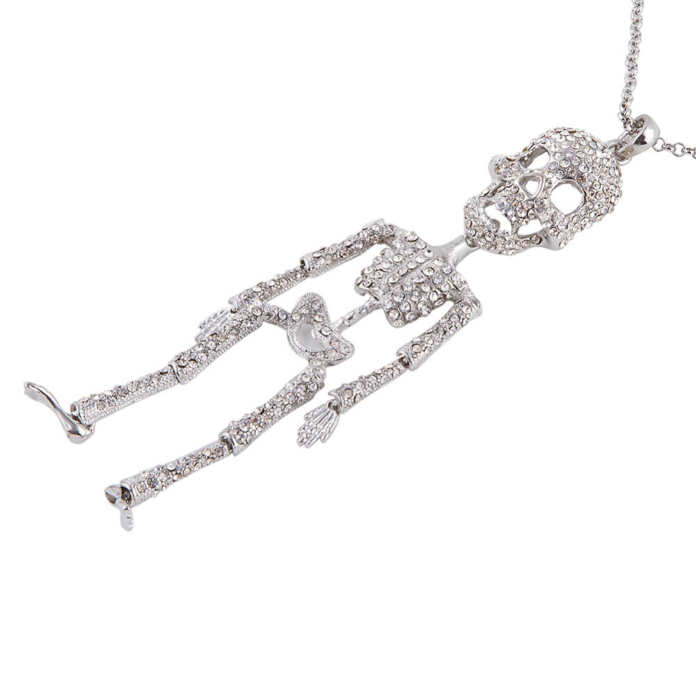 Outstanding Hip Hop Jewelry for Men Women Skull Pendant Long Necklaces with Big Crystals Skeleton Pendants Choker