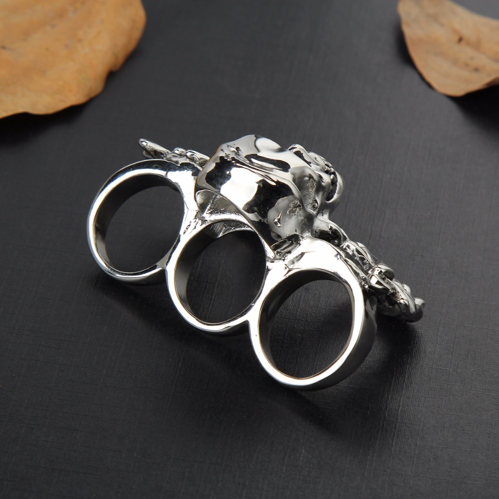 Hip Hop Rock Silver Punk Skull Big Adjustable Knuckle Three Fingers Bikers Motorcycle Rings Men's & Boys' Jewelry Tint Coating