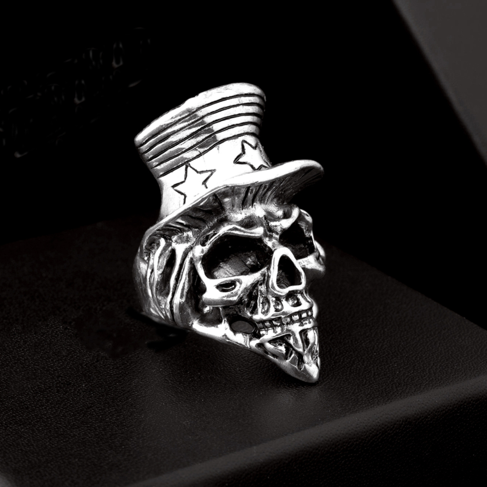 Graduation Hip Hop Rock Silver Punk Top Hat  Skull Adjustable Bikers Men Jewelry