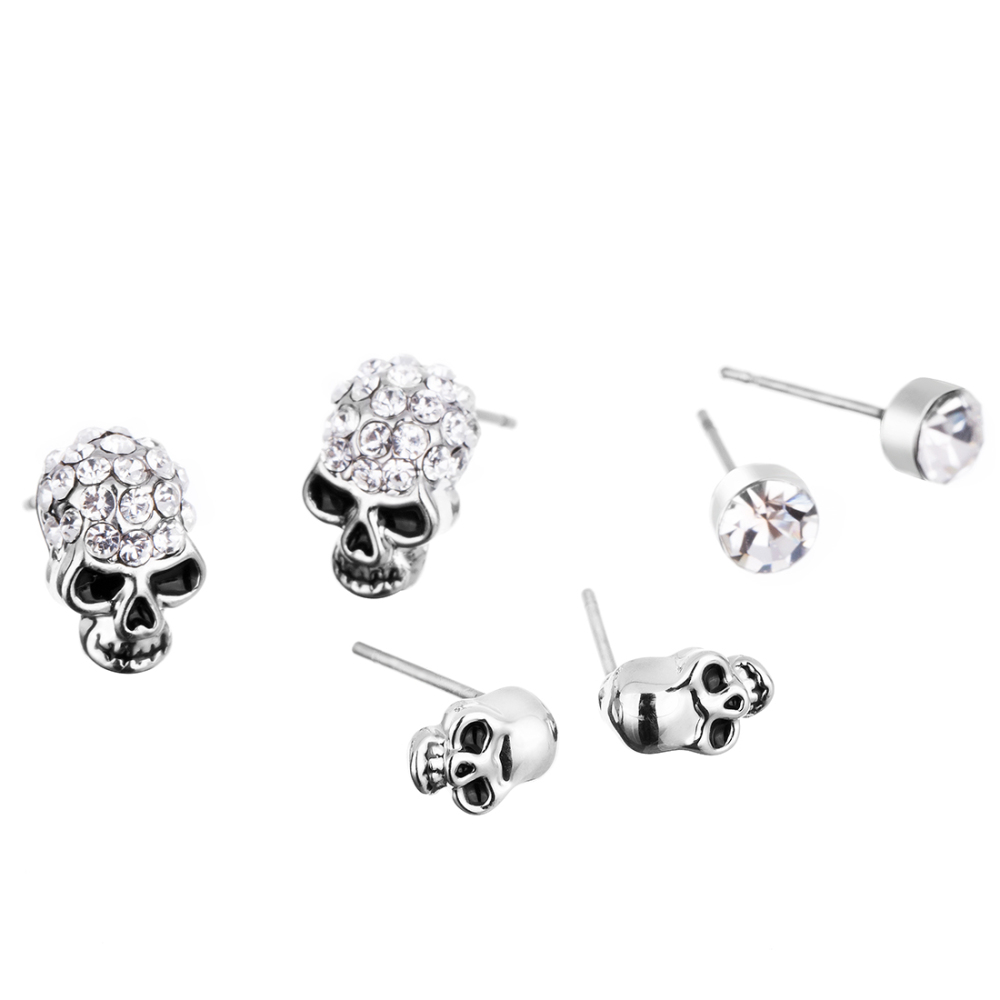 Fancy Products Hip Hop Boho Punk 3 Pairs / 1Set  Silver Plated Skull Earrings Stud Women Fashion Jewelry Accessories BPAN