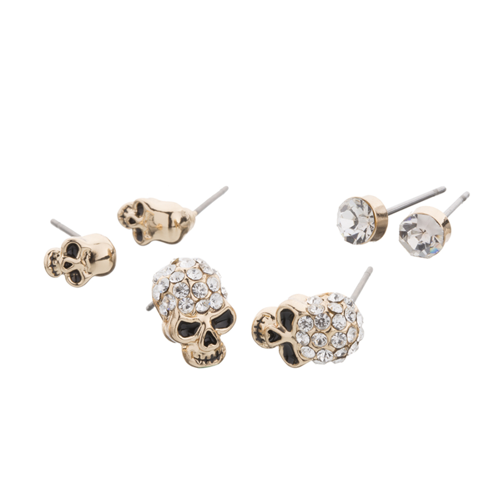 Fancy Products Hip Hop Boho Punk 3 Pairs / 1Set  Silver Plated Skull Earrings Stud Women Fashion Jewelry Accessories BPAN