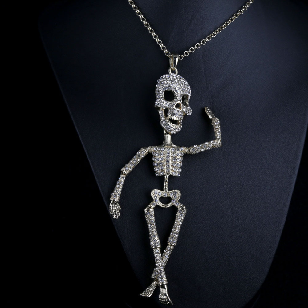 Outstanding Hip Hop Jewelry for Men Women Skull Pendant Long Necklaces with Big Crystals Skeleton Pendants Choker