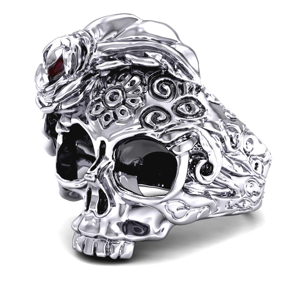 Women's Gothic Style Sugar Skull Flower Ring with Ruby Vintage Punk Jewelry