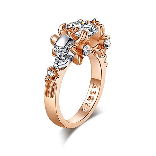 CZ Diamond Flower and Skull Engagement Ring Statement Solitaire Promise Wedding Ring