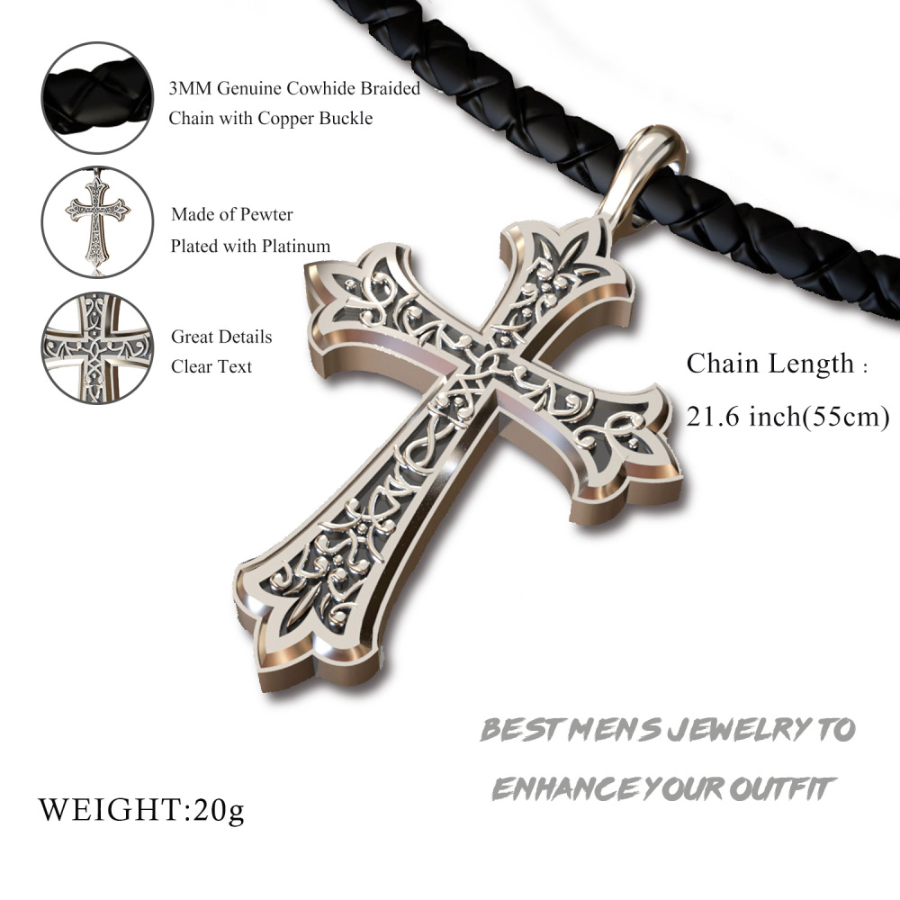 EVBEA Mens Cross Necklace Simple Viking Celtic Cross Pendant Jewelry with Black Genuine Leather Cord Chain Religious Gifts