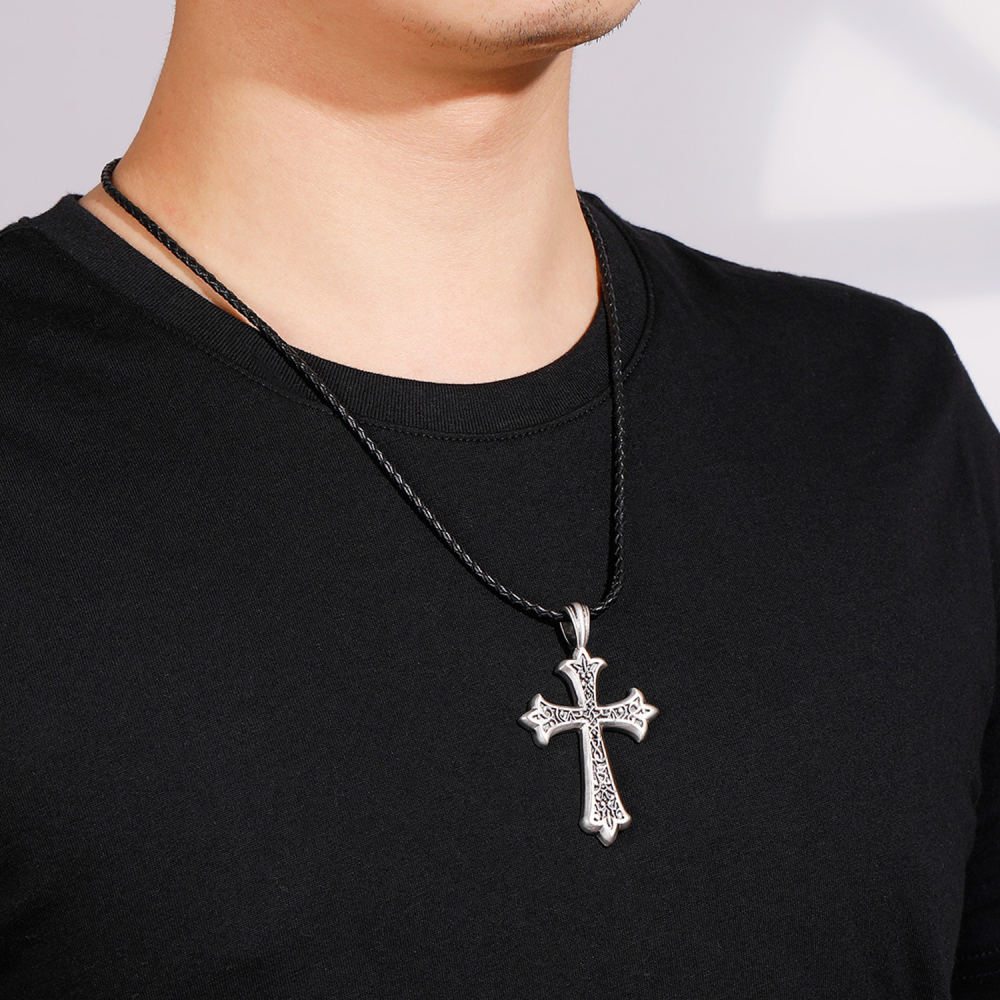 EVBEA Mens Cross Necklace Simple Viking Celtic Cross Pendant Jewelry with Black Genuine Leather Cord Chain Religious Gifts