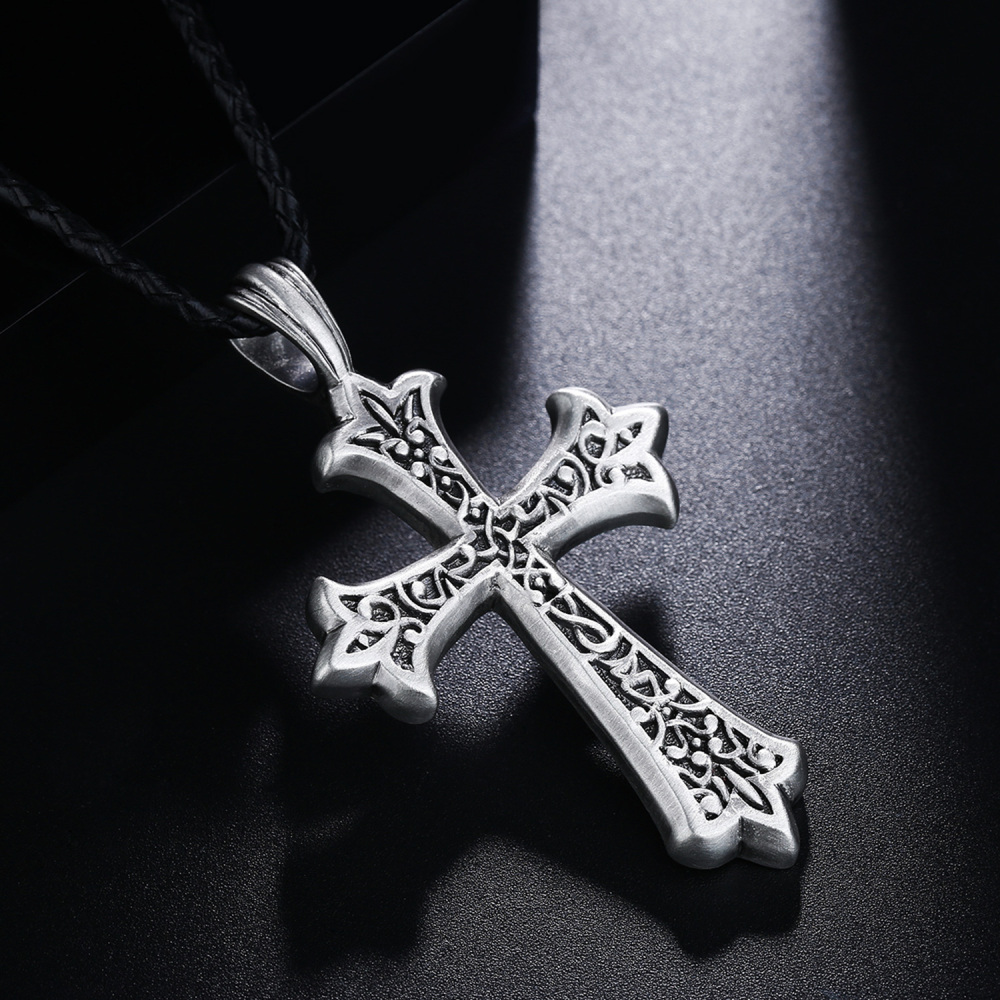 EVBEA Mens Cross Necklace Simple Viking Celtic Cross Pendant Jewelry with Black Genuine Leather Cord Chain Religious Gifts