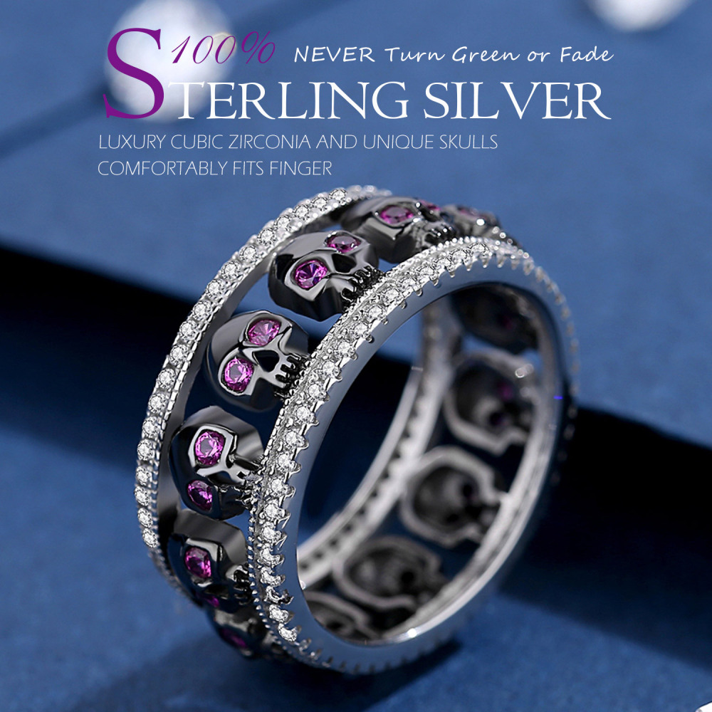 EVBEA Thumb Rings for Women Sterling Silver Promise Engagement Skull Wedding Bands with Amethyst Birthstone and Cubic Zirconia