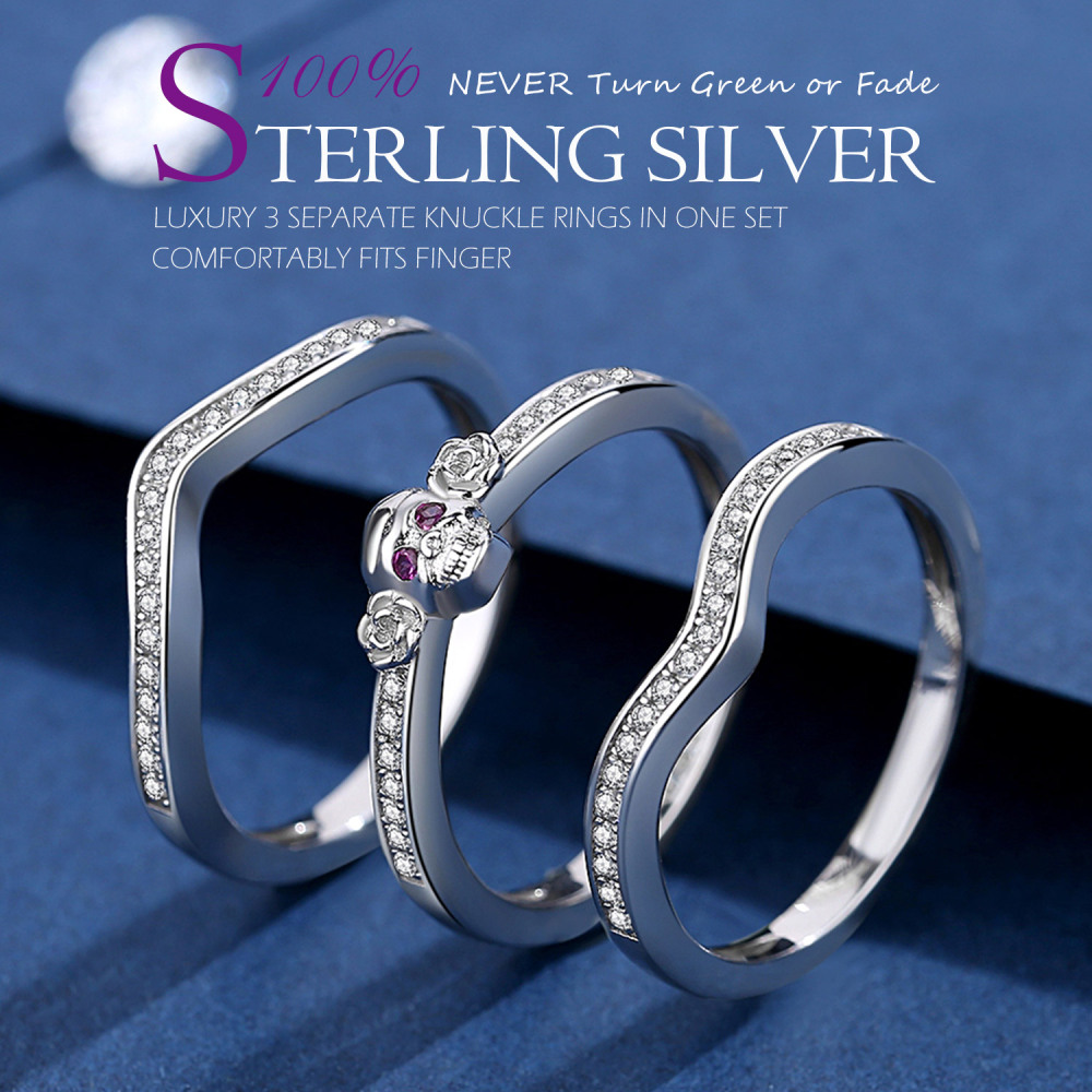 EVBEA Thumb Rings for Women Sterling Silver Stackable Knuckle Skull Chevron Wave Engagement Promise Wedding Bands with Cubic Zirconia