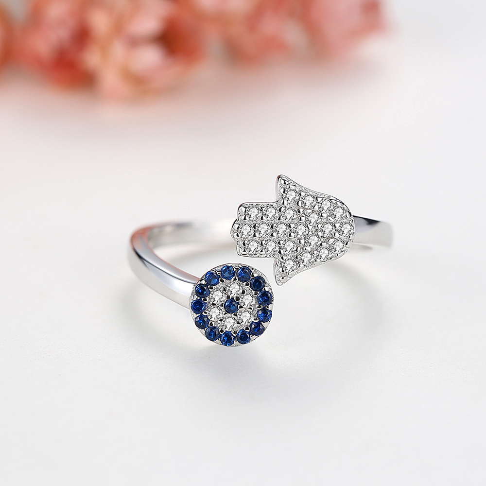 EVBEA Sterling Silver Ring Adjustable Rings Evil Eye Sapphire CZ Hamsa Hand Stackable Sterling Silver Midi Open Ring