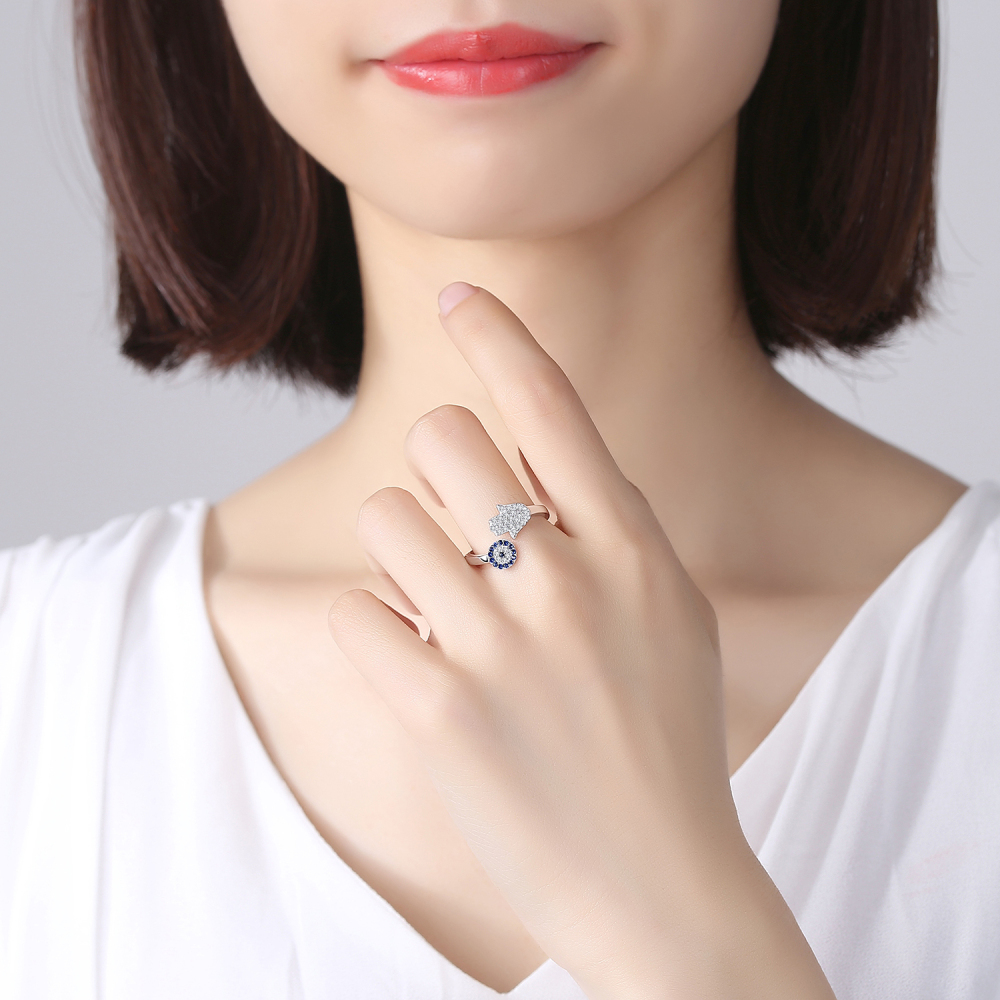 EVBEA Sterling Silver Ring Adjustable Rings Evil Eye Sapphire CZ Hamsa Hand Stackable Sterling Silver Midi Open Ring