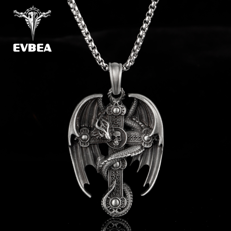 EVBEA Cross Dragon Wings Solid Pendant Necklace