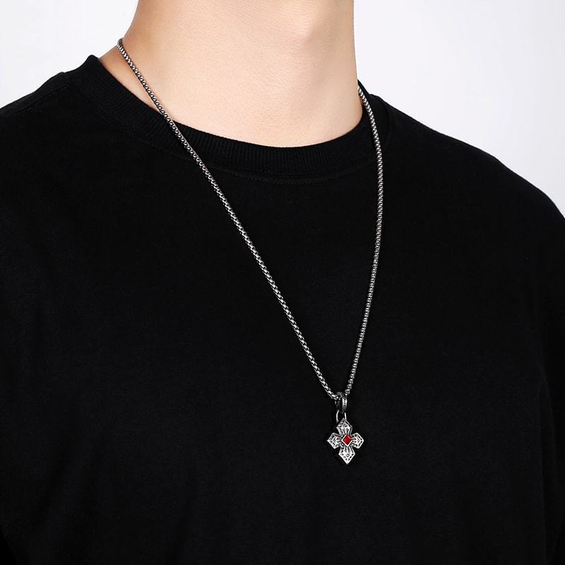 EVBEA Red Diamond Studded Cross Pendant Necklace