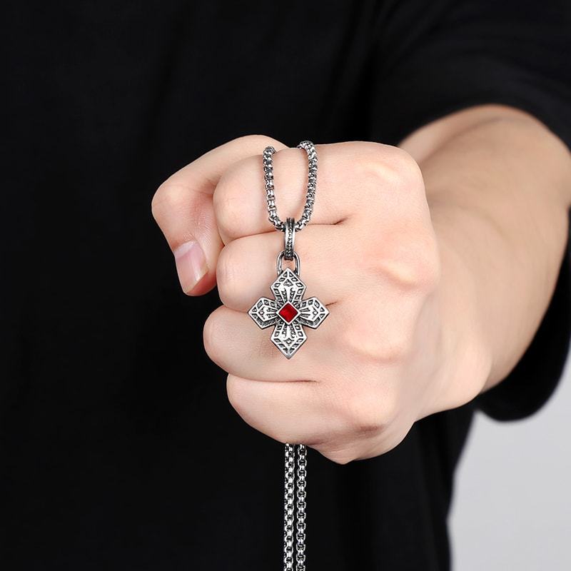 EVBEA Red Diamond Studded Cross Pendant Necklace