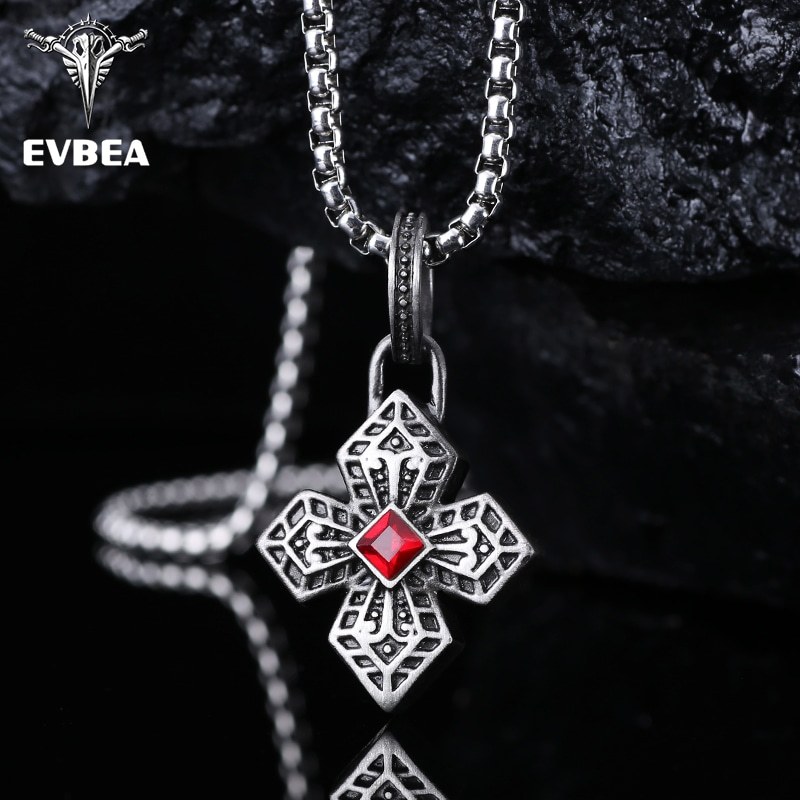 EVBEA Red Diamond Studded Cross Pendant Necklace