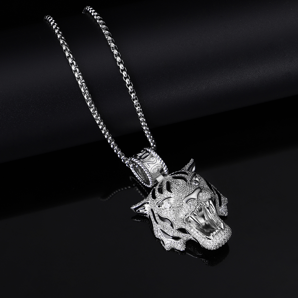 Close up of iced out 2026 roaring tiger pendant S925 silver.