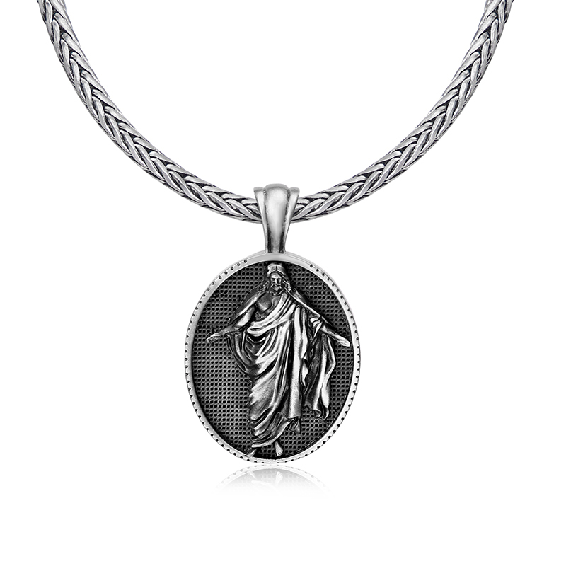 Pure tin standing Jesus pendant with open arms and textured background