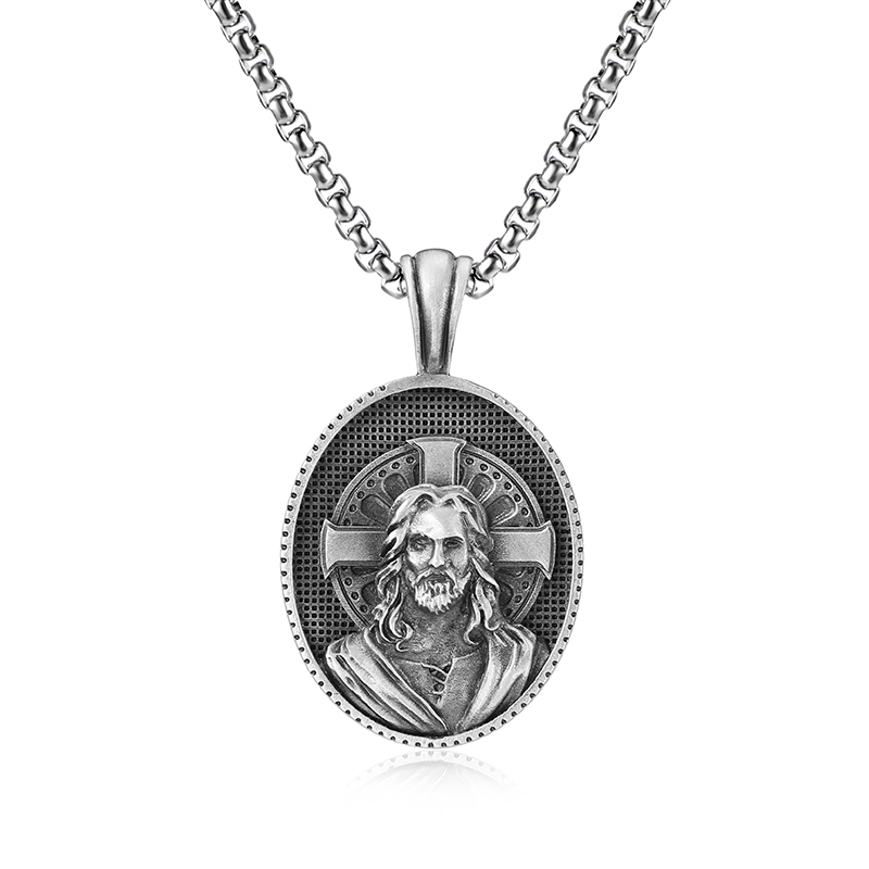 Pure tin Jesus pendant featuring the gospel of Jesus Christ design