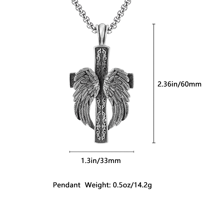 Large pure tin cross pendant with wrapped angel wings and filigree pattern 60mm tall