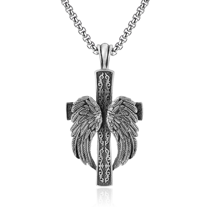 Large pure tin cross pendant with wrapped angel wings and filigree pattern 60mm tall