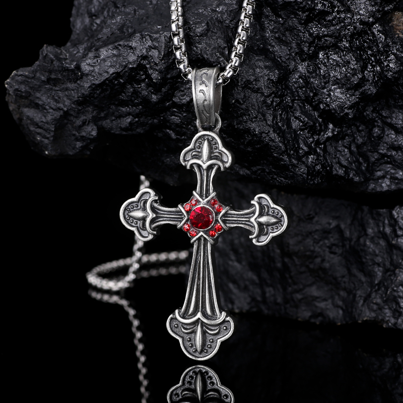 Large gothic pure tin cross pendant with red crystal center and trefoil ends 63mm