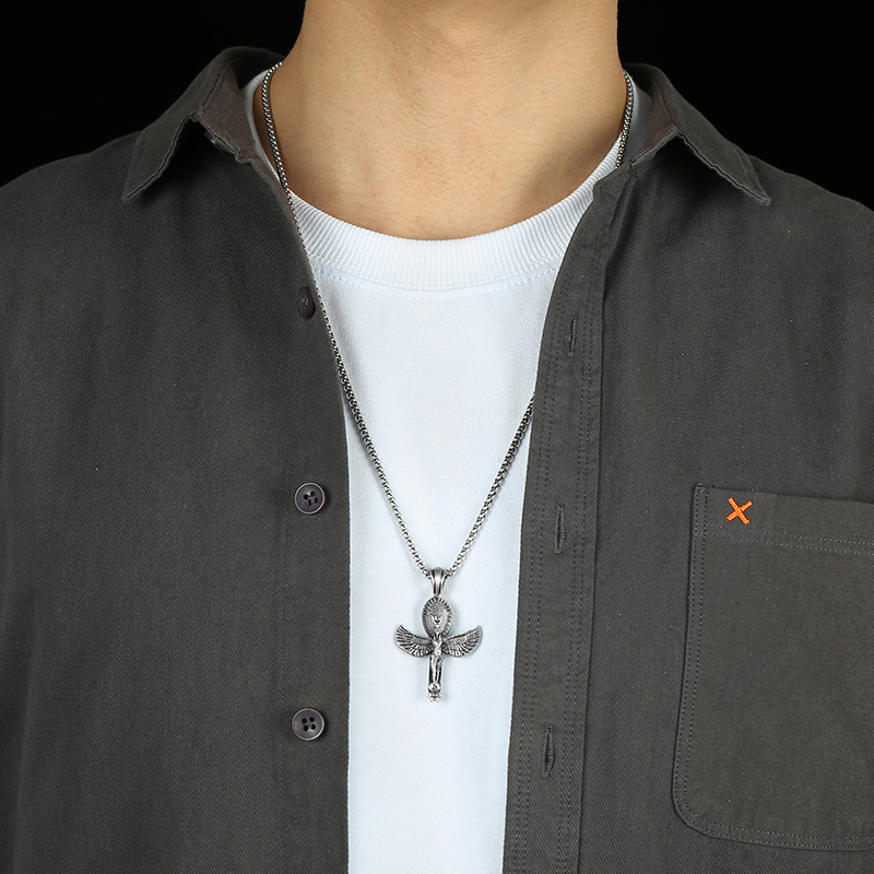Pure tin Ankh cross pendant featuring Eye of Horus and Winged Goddess Isis with Scarab at bottom