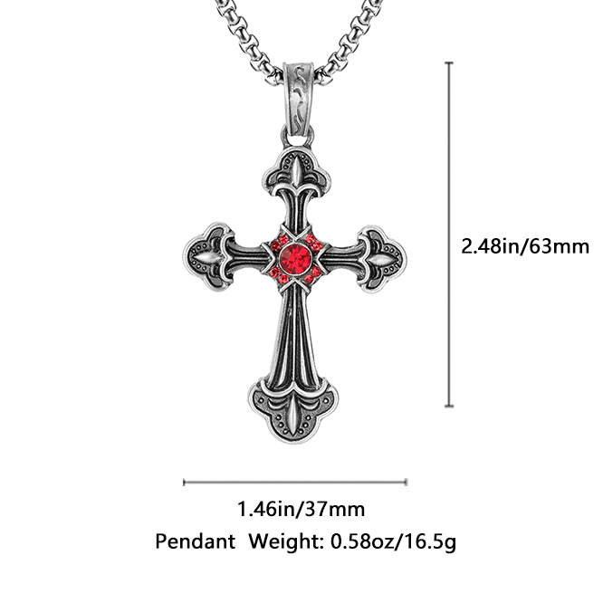 Large gothic pure tin cross pendant with red crystal center and trefoil ends 63mm